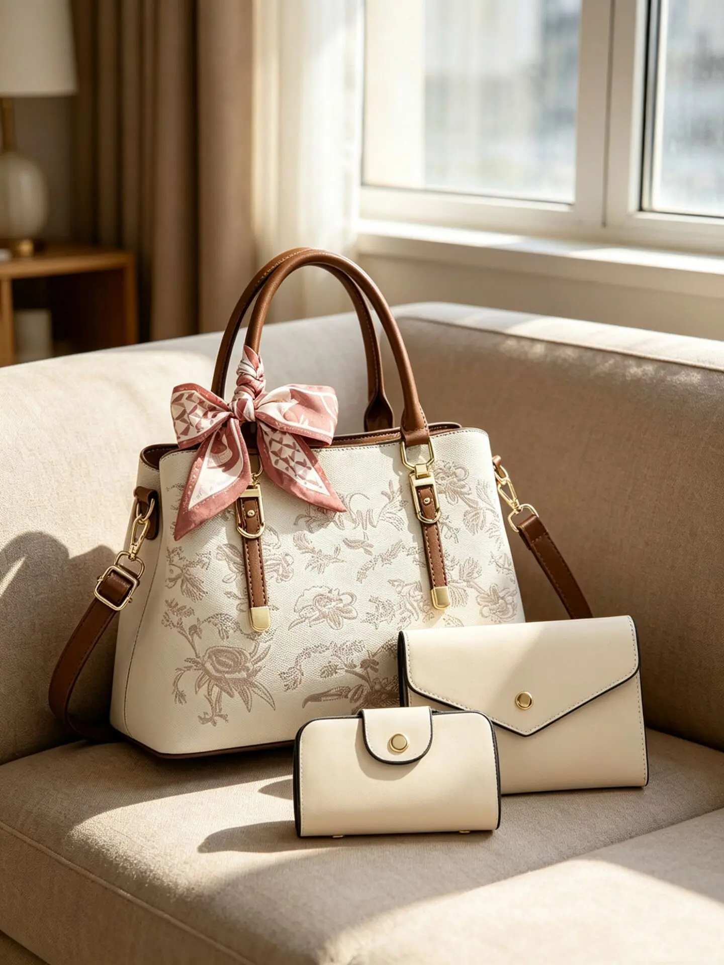 Women's Floral Jacquard Handbag Set, Crossbody Purse, Twilly Scarf, Wallet & Card Holder, Casual Ethnic Style, All Seasons, Casual Fashion Bag