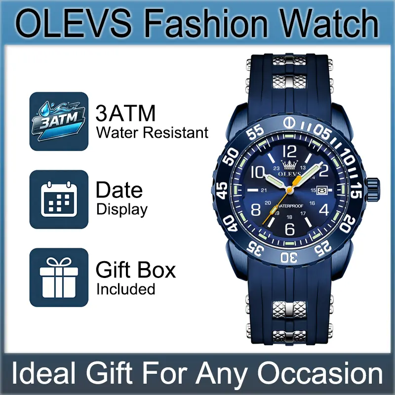 OLEVS Men's Sports Dive Watch, Full Black Quartz Timepiece with Alloy Case and Silicone Strap, Backlit Hands, Date Window, 30m Water Resistant, Soft Silicone, 30M - 50M