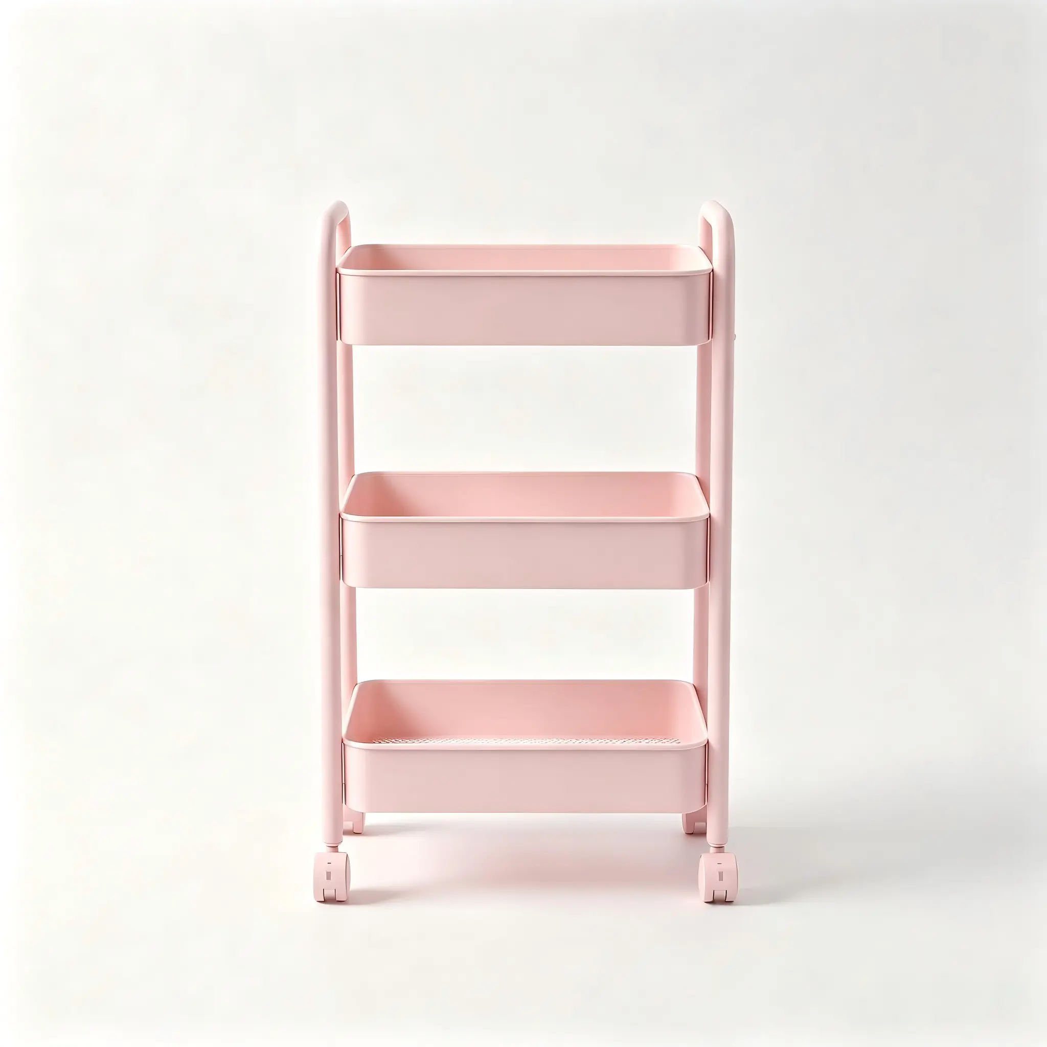 Soft Sakura Pink 3-Tier Rolling Storage Cart, Movable Utility Organizer Trolley with Lockable WheelsMulti-Purpose Metal Utility Trolley for Bathroom, Kitchen, Office & Bedroom