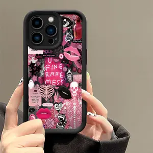 Phone Case Featuring a Collage Pattern of European And American Skulls, Lip Prints, And Eyes,  Made from Durable TPU for Protect,Compatible with Various for iphone Models Including  17 16 15 14 13 12 11 PRO MAX PLUS,AIR Mini SE and iPhone XS MAX,