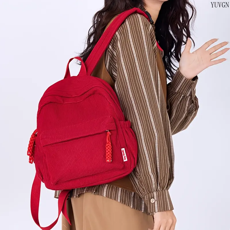 Fashion Corduroy Backpack for Women, Adjustable Shoulder Straps Casual Daypack, Two-Way Zipper Multi-Pocket School Bag, Lightweight Versatile Travel Backpack in Multiple Colors, Perfect for Daily Commute, School & Casual Use