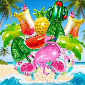 12-Piece Tropical Hawaiian Theme Party Balloon Set—Vibrant Foil Balloons Featuring Giant Flamingos, Palm Trees, Cocktail Glasses, Pineapples, Coconut Trees, and Cacti—Ideal for Summer Beach Birthday Parties, Holiday Celebrations, Room Decor, Beach/