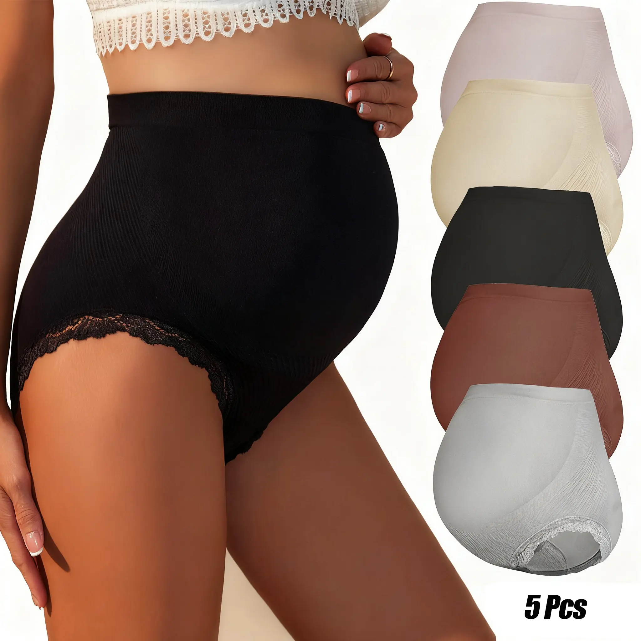 Women's High-Waist Maternity Panties 5-Pack - Full Belly Coverage Briefs, Breathable Polyamide Blend, Belly Support, Maternity Supplies for Expecting Mothers, All Trimesters, Daily Use & Sleeping, Daily Activities