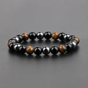Triple Protection Bracelet Natural Stone Beaded Bracelet Gemstone Stretch Bracelet Handmade Boho Style for Men Women Daily Use