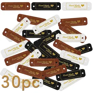 30pcs Handmade PU Leather Tags, Embossed Hook Loop Tags with Holes, Super Fine Fiber Leather Labels for Knitting Hats DIY Crafts, Handcrafted