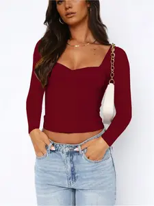Women's Solid Color French Square-Neck Long Sleeve Fitted Wrap T-Shirt, a Chic, Casual, Versatile and Stylish Top for Autumn/Winter, Womenswear Lady