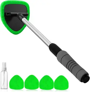 Windshield Cleaning Tool, Car Window Cleaner Windshield Cleaner with 4 Reusable and Washable Microfiber Pads and Extendable Handle Auto Inside Glass Wiper Kit (Green)