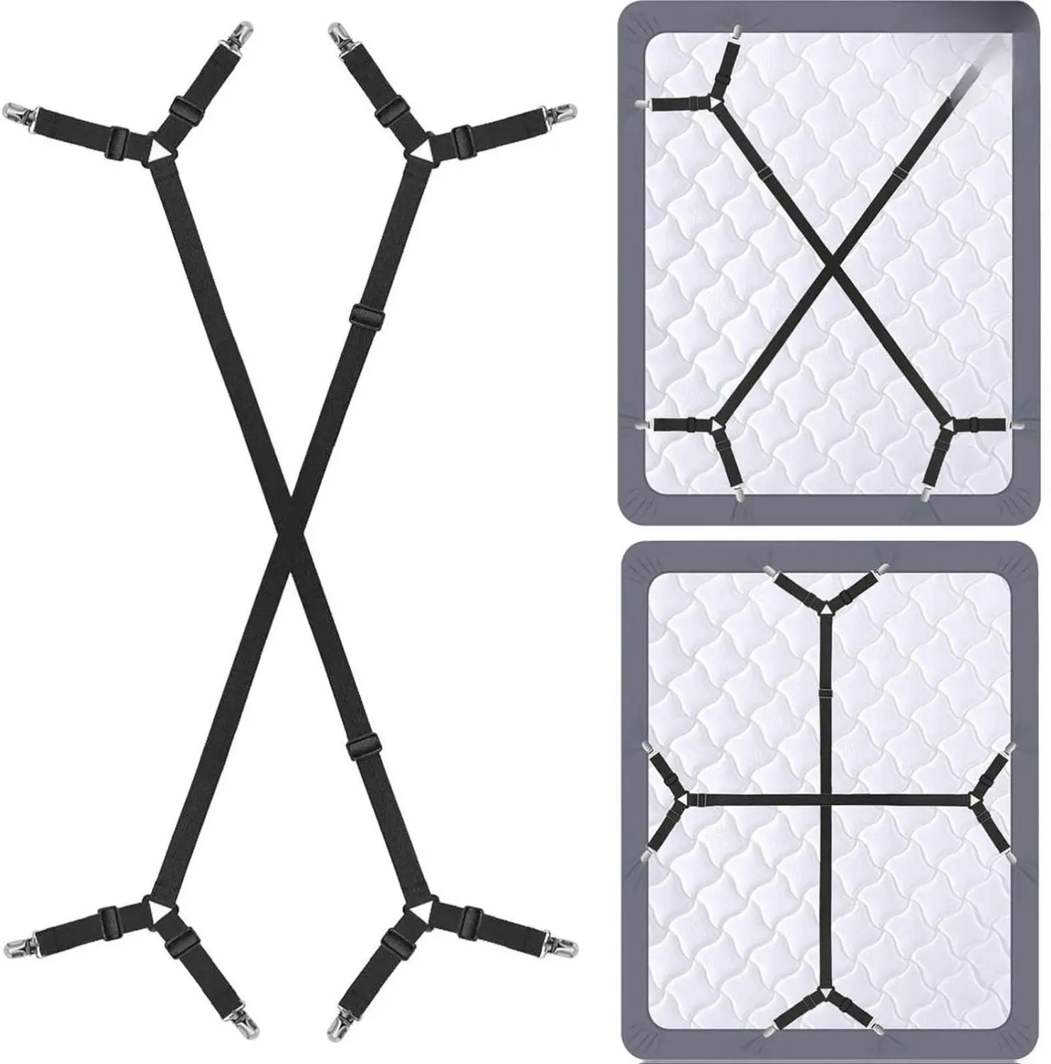 Bed Sheet Holder Straps - Adjustable Length Elastic Straps with Nickel Plated Clamps & Built-In Plastic Clenching System, 2Pcs/Set Black, Enhanced Grip for Twin, California King, European Sizes, Crib Fitted/Flat Sheets, Mattress Covers