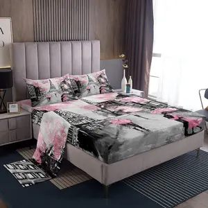 Feelyou Soft Microfiber Bedding Set - Retro Gray Paris Eiffel Tower & Watercolor Cherry Blossoms Design, Includes Fitted Sheet & Flat Sheet for Girls, Microfiber Bed Sheets