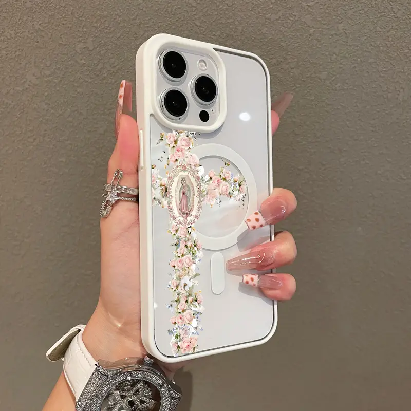 Magnetic Floral Cross Aesthetic Silicone Case for iPhone 17 16 E Pro Max 15 Plus 14 13 12 11 XS XR - Shockproof, Lightweight, Girly Smartphone/Cellphone/Handheld Devices Protection with Scratch Resistance, Casing