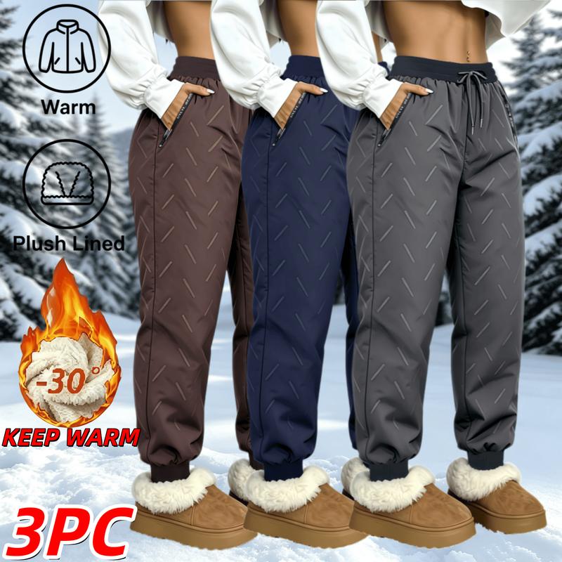 Women's 3-Pack Winter Plush Lined Snow Jogger Pants - Windproof, Water-Resistant, Thermal Warm Trousers with Zipper Pockets, Elastic Drawstring, Cuffed Loose Fit for Ski, Outdoor Wear