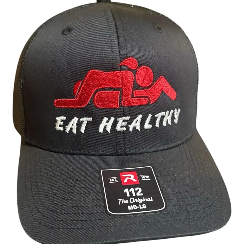 Eat Healthy custom embroidered Richardson 112 SnapBack hat made to order! Funny trucker cap