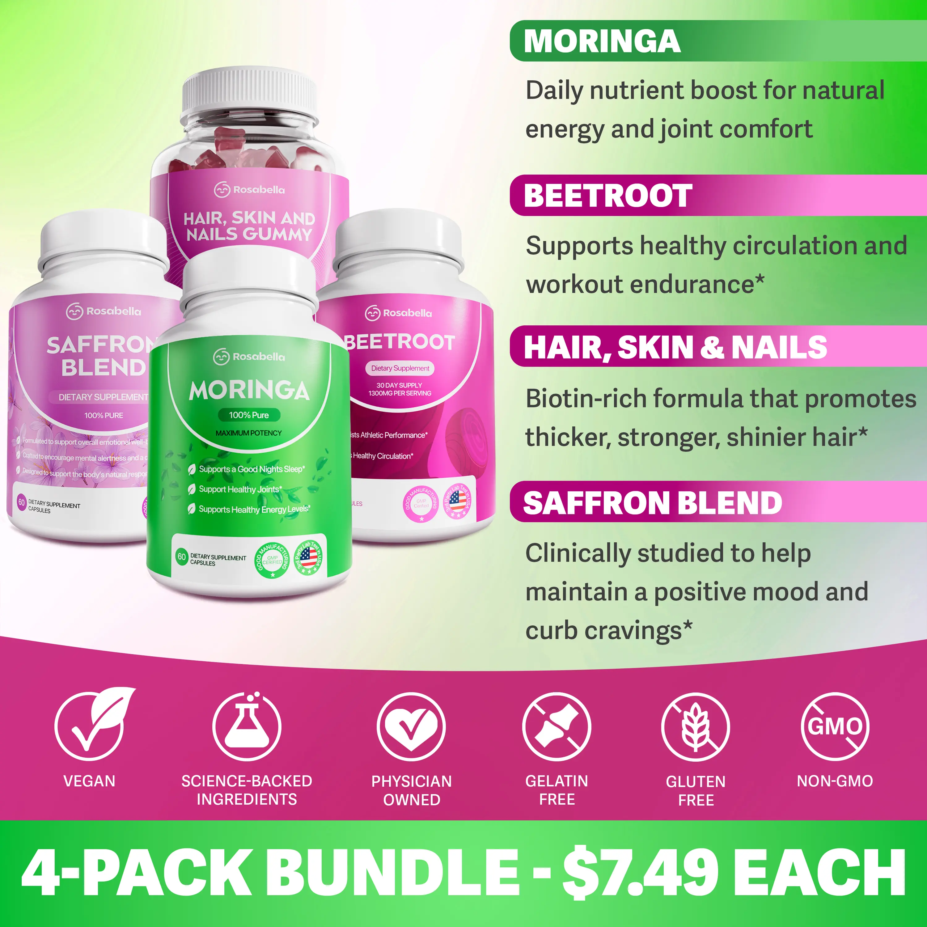 Rosabella Best Sellers Bundle - Moringa Beetroot Saffron & Hair Gummies - Vegan Science-Backed Ingredients - 4-Pack Bundle - $7.49 Each