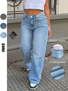 Women's Fashion Wide Leg Denim Jeans Pants, Elastic Waist Button Design, Mid Waist Comfortable Daily Wear, Casual Loose Fit, All Seasons