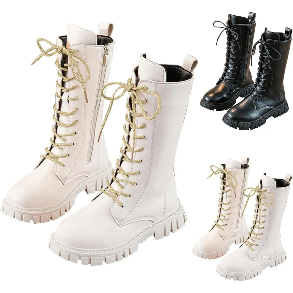 Pop Demon hunters Lace Up Riding Boots Mid Calf Combat Boots Lace Up Riding Boots Mid Calf Combat Boots PU Leather Side Zipper Punk Goth Boot Halloween gift