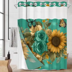 1pc 2D Flat Printing hookless shower curtain hanger liner Blue Rose Sunflower Butterfly Picture Fabric waterproof lining shower curtain with transparent window, double-layer shower curtain, 71 x 74 inches, modern home curtain decoration