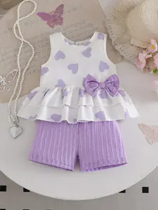 Summer 2-Piece Baby Girls Casual Sweet Short Sleeve Set, Bowknot Heart Print Layered Ruffle Tank Top + Comfortable Shorts