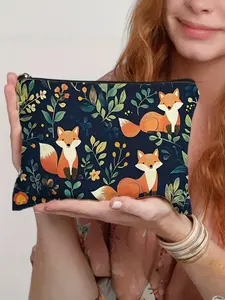 Charming Fox Print Makeup Bag Foldable Polyester Travel Cosmetic Organizer Zipper Vibrant Floral Design Cosmetic Bag Pencil Case