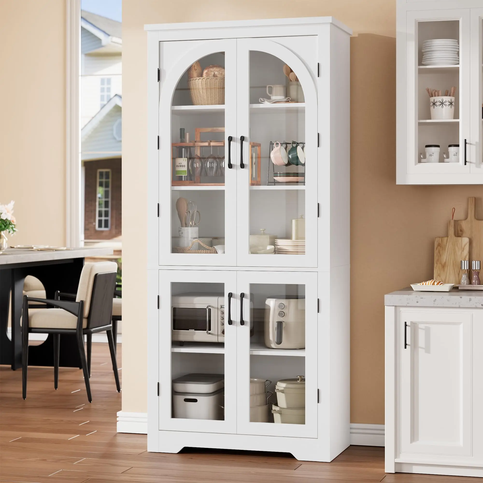 Garvee 70" Tall Kitchen Pantry Cabinet - Modern Display Cabinet with 4 Arched Glass Doors and Adjustable Shelves, Versatile Cupboard Organizers for Kitchen, Dining Room, Living Room, Bathroom, White