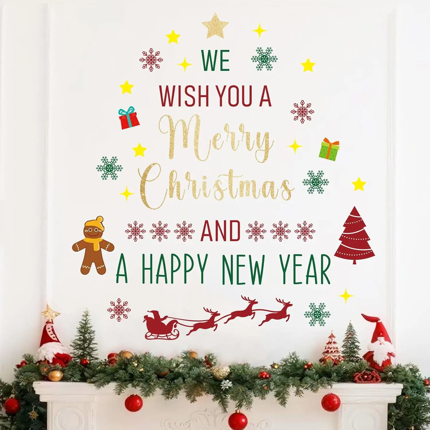 Christmas Wall Decals Stickers Decor Glitter Decorations | Merry Christmas Tree Happy New Year Quote Decorations Holiday Seasonal Wall Art Decor for Home Office Classroom Party