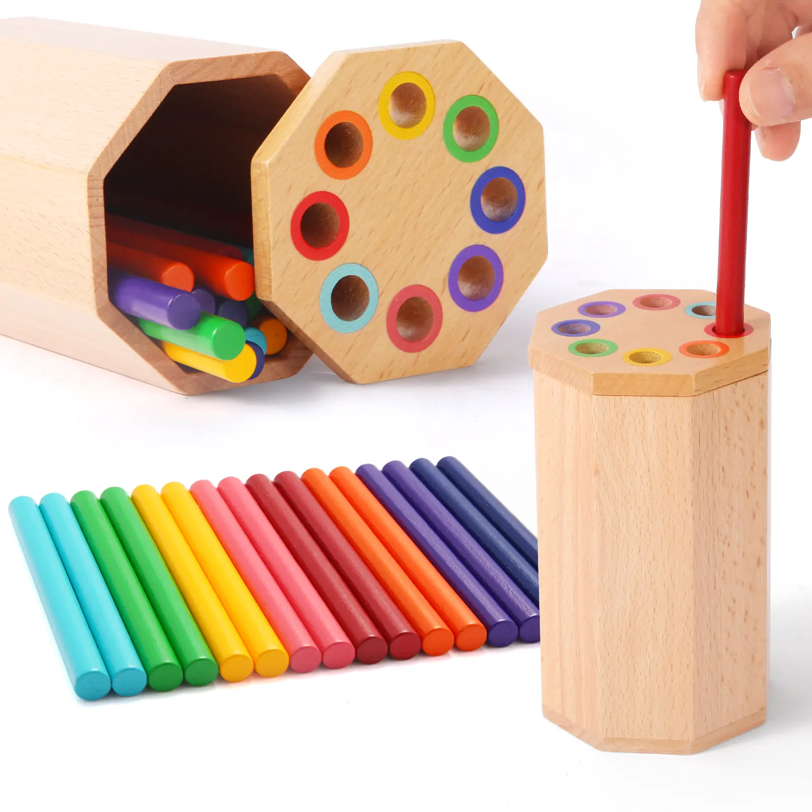 Hatwoo Wood Color Sorting Sensory Learning Toy Set - Craft Sticks, Magnetic Building Blocks, Tiles, Pen Holder - Unisex Toddler Learning Activities for 12-18 Months - Fine Motor/Size Recognition, Easter/Birthday Gifts