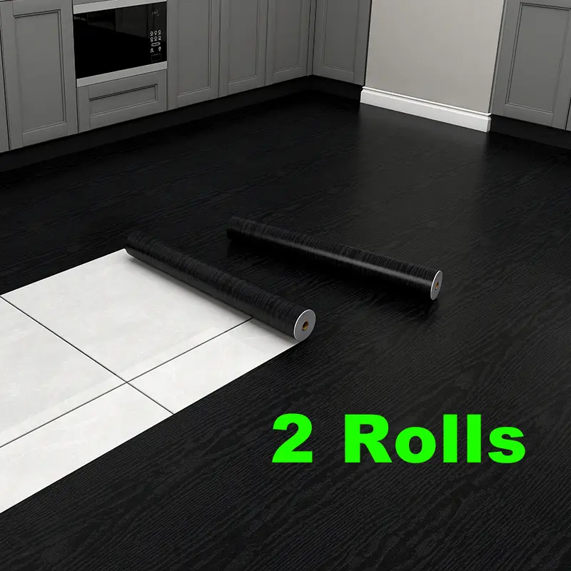 [2Rolls] Black Wood Grain Self-Adhesive Floor Sticker, Peel and Stick Waterproof Flooring Tile,Removable Vinyl Wrap Film, Home Decor for Livingroom,Bedroom,Kitchen