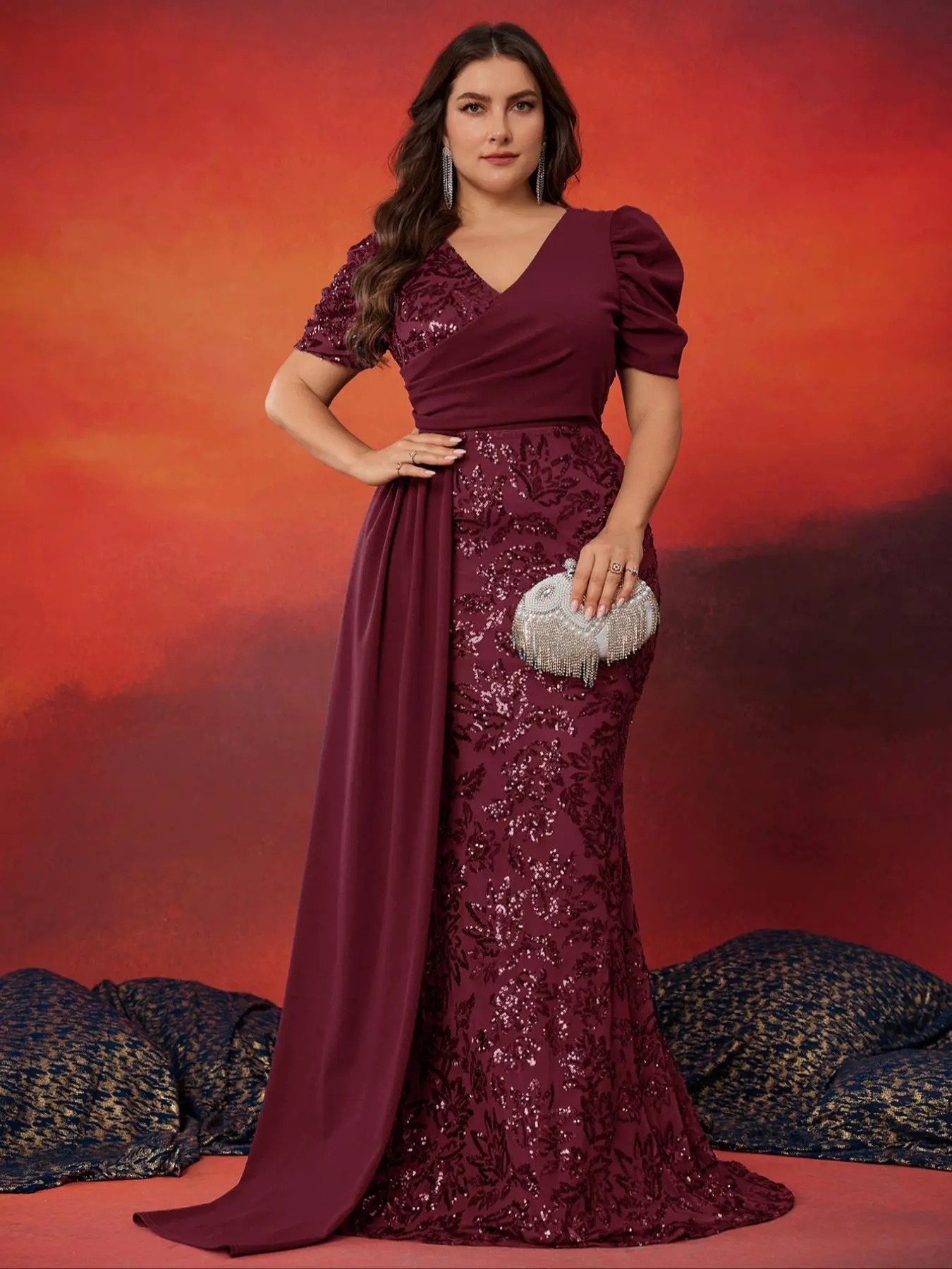 Women's Plus Size Elegant V Neck Short Sleeve Evening Dress, Womenswear, High Quality Sequins Patchwork, Slim Fit Formal Party Gown