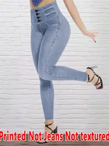 Women's Printed Tight-Fitting Pants, Womenswear, Non-Cowboy Fabric, Long Bottoms, Faux Cowboy Print Underwear, All Seasons Wear