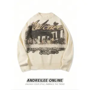 Men’s street-style long-sleeve crewneck sweater with a French oil painting print, linen-inspired design, loose fit, knitted fabric for spring and autumn GARMENTARY