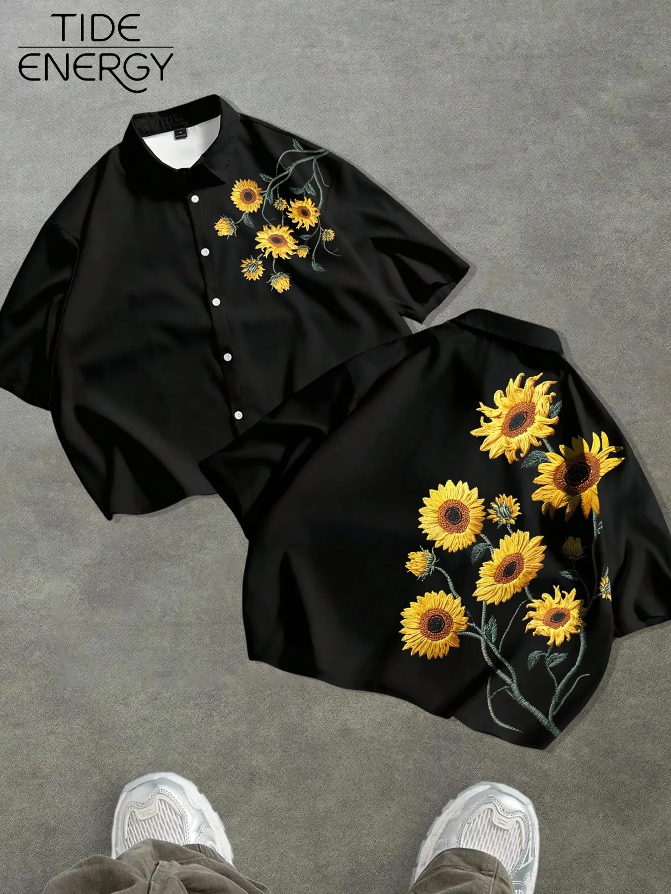 American Style Sunflower Embroidered Short Sleeve Shirt, Base with Elegant Sunflower Design, Loose Fit, Unisex Casual Top