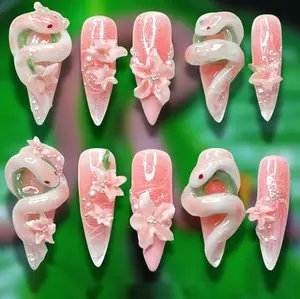 170.Enchanted Bloom Coil Press-On Nails, 3D Spiral Creature with Pearl Flower Accents, Pink Ombre Glossy Base, Handmade Statement Design, Custom Fantasy Nail Art for Bold Aesthetic