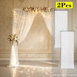 2 Panels-5ft X 10ft White Tulle Backdrop Curtain with Lights String for Parties Wedding Bridal Shower Sheer LED White Curtain Backdrop for Birthday Ceremony Photo Background Decorations