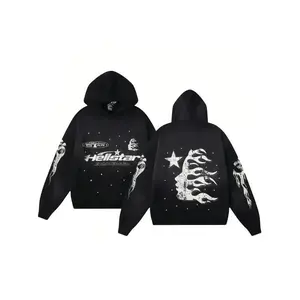 Hell Star Pattern Street Style Loose Zip Hoodie, Unisex Casual Long Sleeve Sweatshirt, Sporty Warm Version, Men and Women