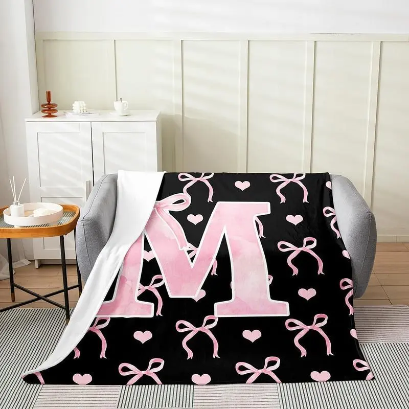 Initial Letter A-Z Flannel Blanket Throw for Girls Black Pink Alphabet Monogrammed Gifts for Daughter Women Teen Girls Customized Blanket for Bedding Bedroom Office Multiple Sizes Personalized Soft Lightweight Warm Bed Decor