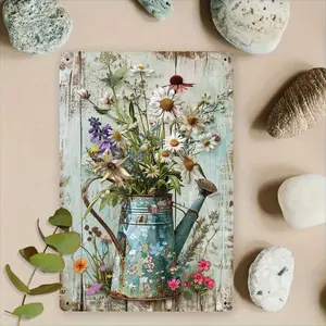 Durable Rustic Floral Metal Wall Art – 8x12 Inch Vintage Blue Pitcher & Colorful Flowers Design, Farmhouse Kitchen & Patio Decor, Indoor/Outdoor Country-Style Wall Accent