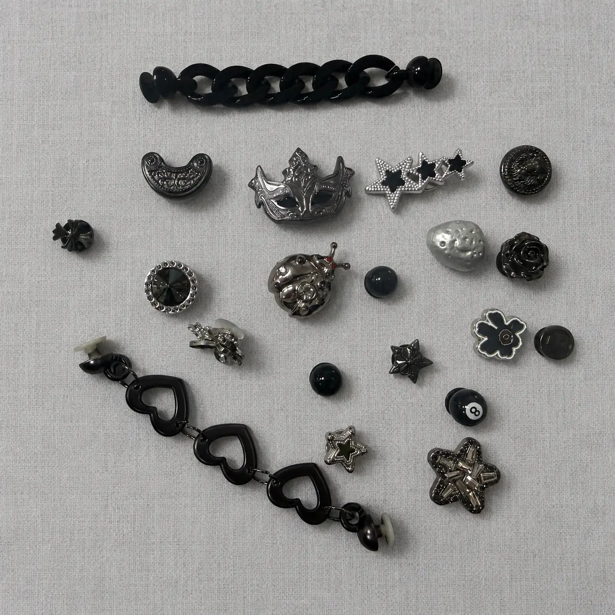 Women's 20PCS Halloween Gothic Shoe Charms Set - Black Silver Rhinestone Star Moon Mask Chains, Clog Sandal Decor Accessories
