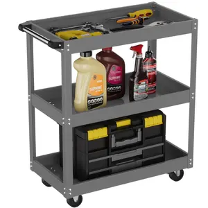 3-Tier Metal Utility Cart with 4-Wheel Rolling Base, 330 LBS Heavy Duty Capacity Service Cart, Mobile Work Cart with Sturdy Frame and Top Access Door for Garage, Warehouse, Workshop, Home, Gray