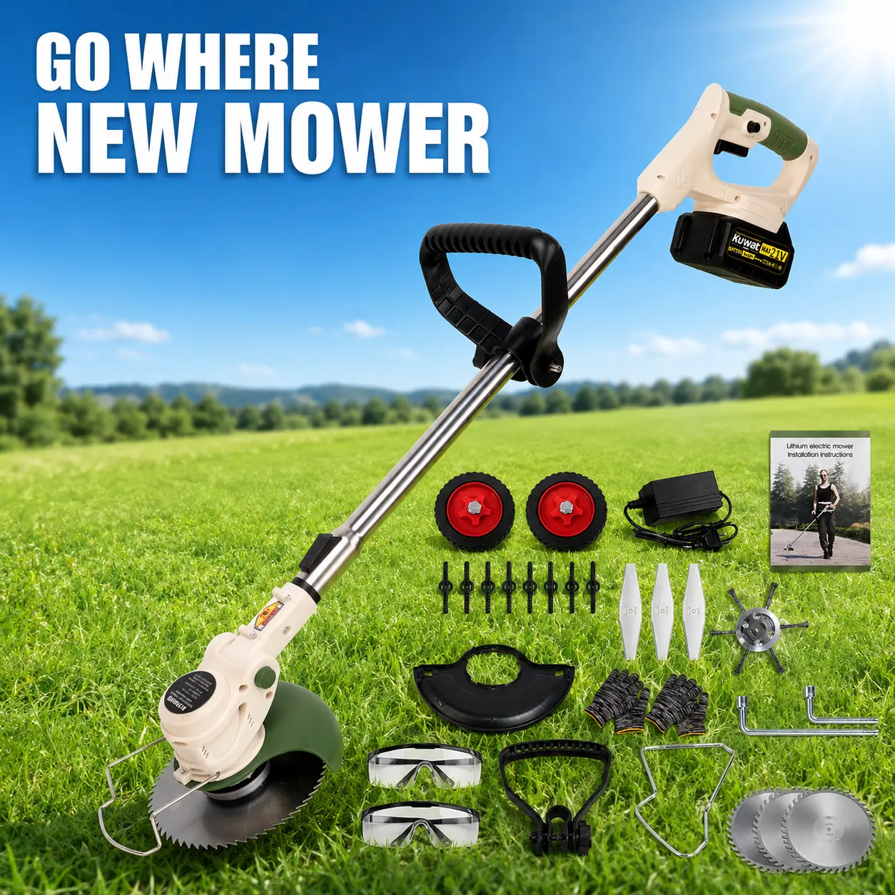 Cordless Lithium-Ion Battery Lawn Mower, 110v-220v Grass Cutter with 3 Interchangeable Blades - Portable Gardening Tool, Suitable for Christmas Gifts (Includes Batteries)