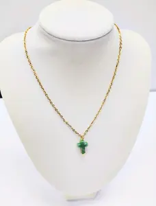 Gold plated small green cross necklace for women