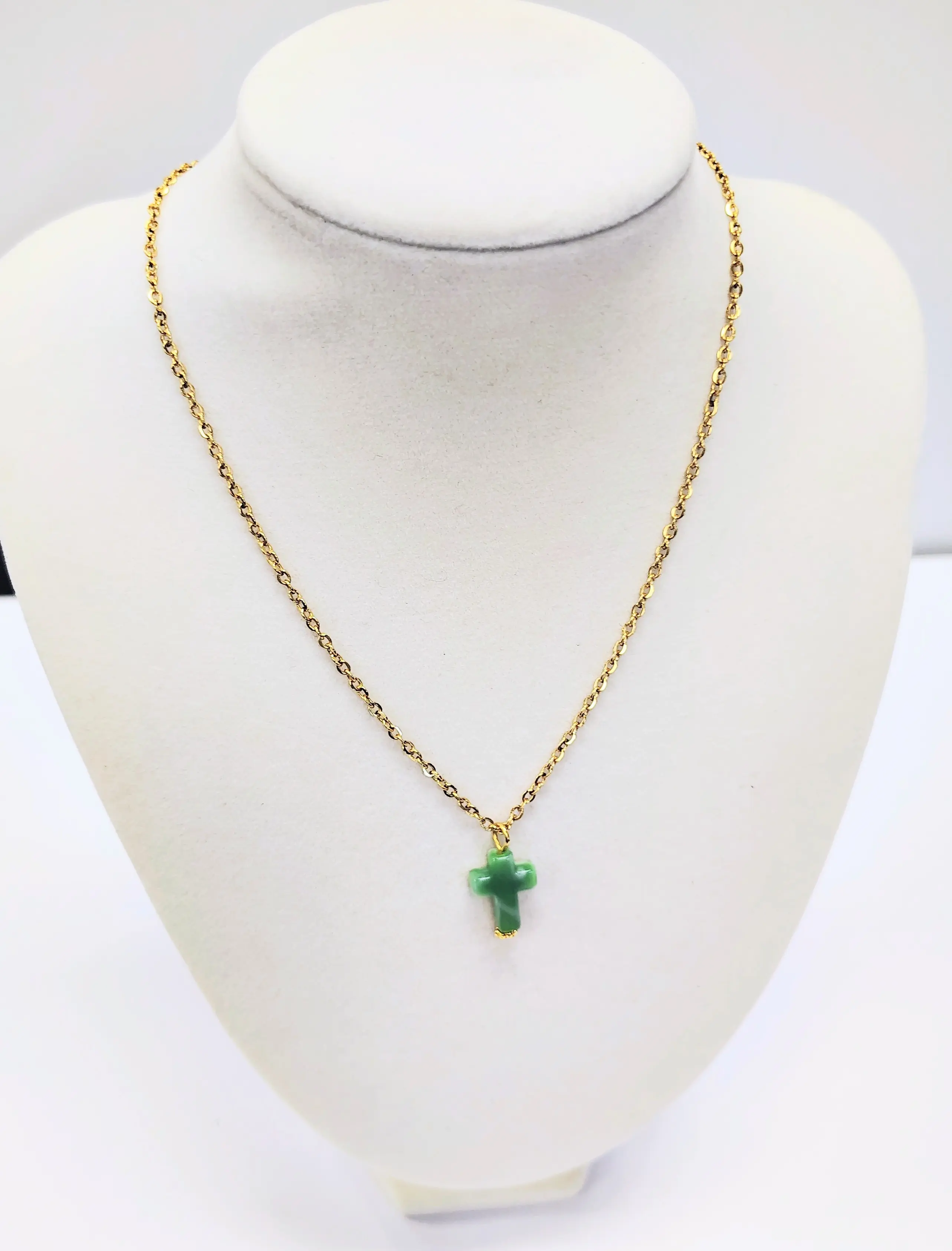 Gold plated small green cross necklace for women