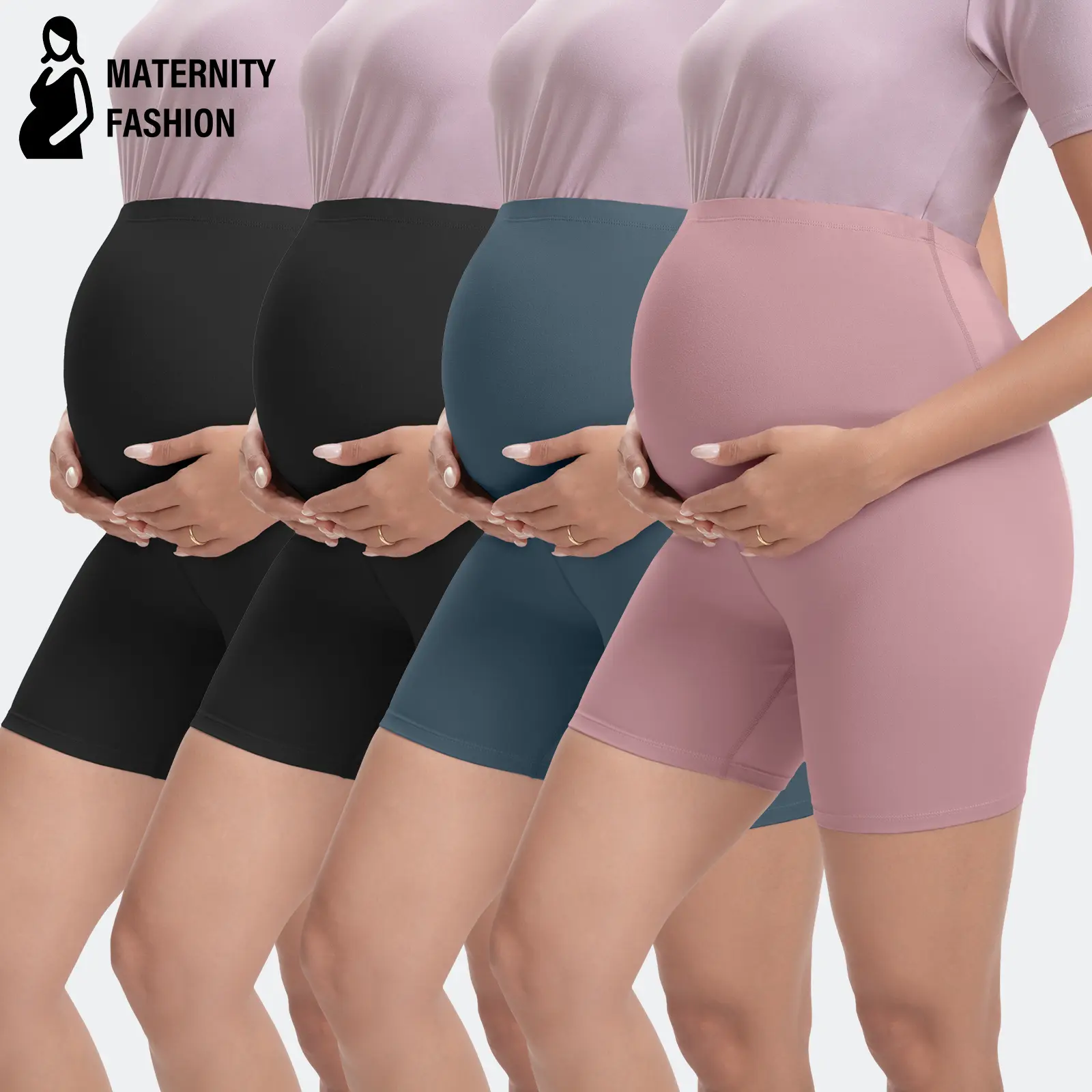 Women's Maternity Yoga Shorts 4-Pack, Over the Belly, 5” Inseam, Female Fit, Poly Spandex, Universal Sport, Workout Daily, Pregnancy Athletic Bottoms