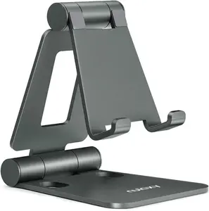 Nulaxy Dual Folding Cell Phone Stand Fully Adjustable Desktop Phone Holder Cradle Dock Compatible with iPhone 16 15 14 13 12 11 Pro Xs Xs Max Xr X 8 Nintendo Switch All Phones Gray