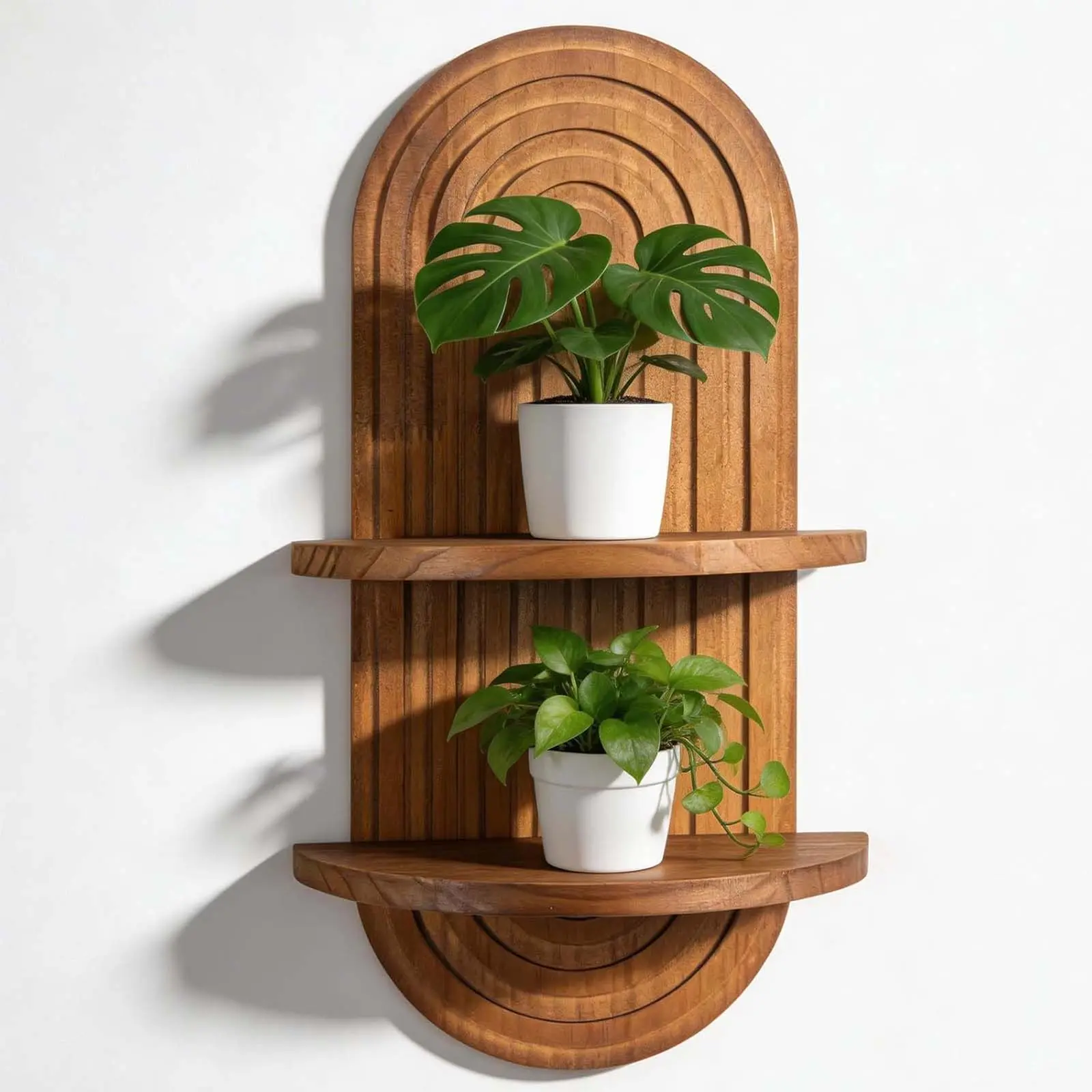 Boho Wall Shelf Decor Plant Wall Shelf Mid Century Modern Decor Hanging Plant Shelves, 2 Tier Wooden Art Floating Shelves for Home Bathroom Bedroom Living Room Planter