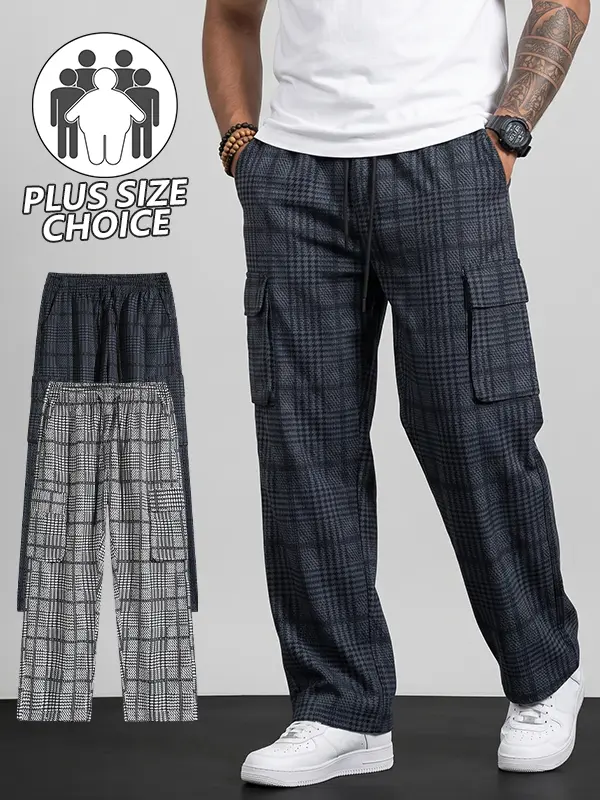 Loose straight unisex plus-size pants; plus-size men’s/women’s plaid pants; black-and-white retro American street-style plaid cargo pants; casual loose wide-leg pants; retro straight cut; multi pockets; breathable all-season casual design; cargo workwear