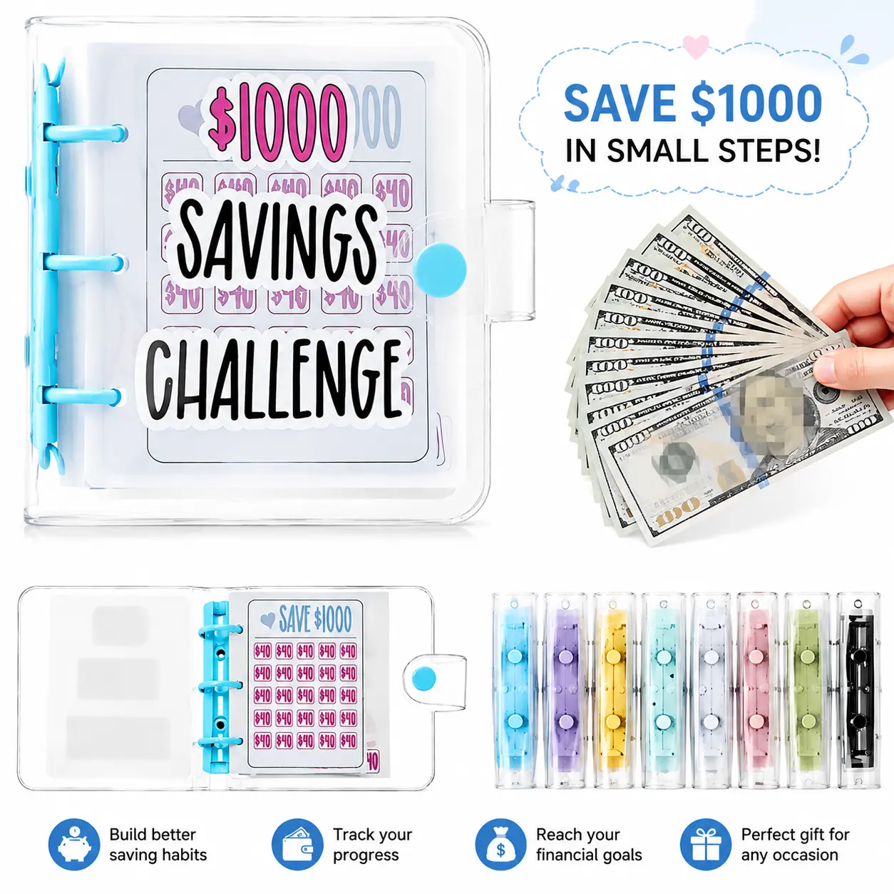 $1000 Mini Money Saving Binder Reusable Cash Envelope System – 2026 Budget Binder, 2026 Upgraded，Transparent PVC Pockets, Portable Budget Binder for Money Saving & Cash Stuffing, Perfect Finance Planner & Gift Flexible Durable，money saving binder