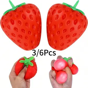 3/6 Pack Stress Balls, Strawberry Shape Squeeze Toys, Sensory Grippie Set, Sensory Pressure Relief, Stretchy Anxiety Reducer, Party Gifts, Stress Relieving Accessory, Random Colors