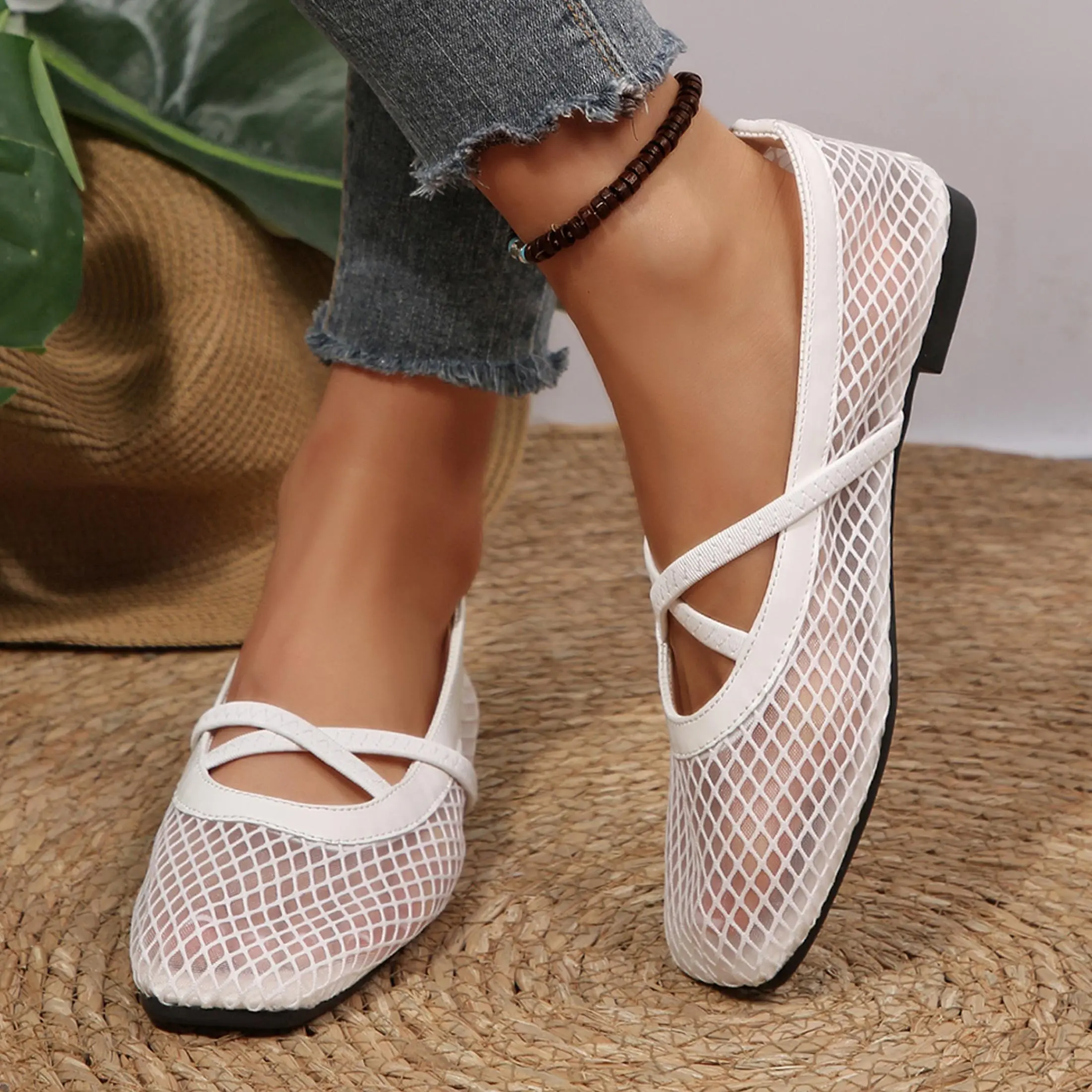 Women’s Mesh Square Toe Ballet Flats Ankle Strap Fishnet Summer Casual Breathable Shoes with Elastic Strap for Dressy Casual Office Outings