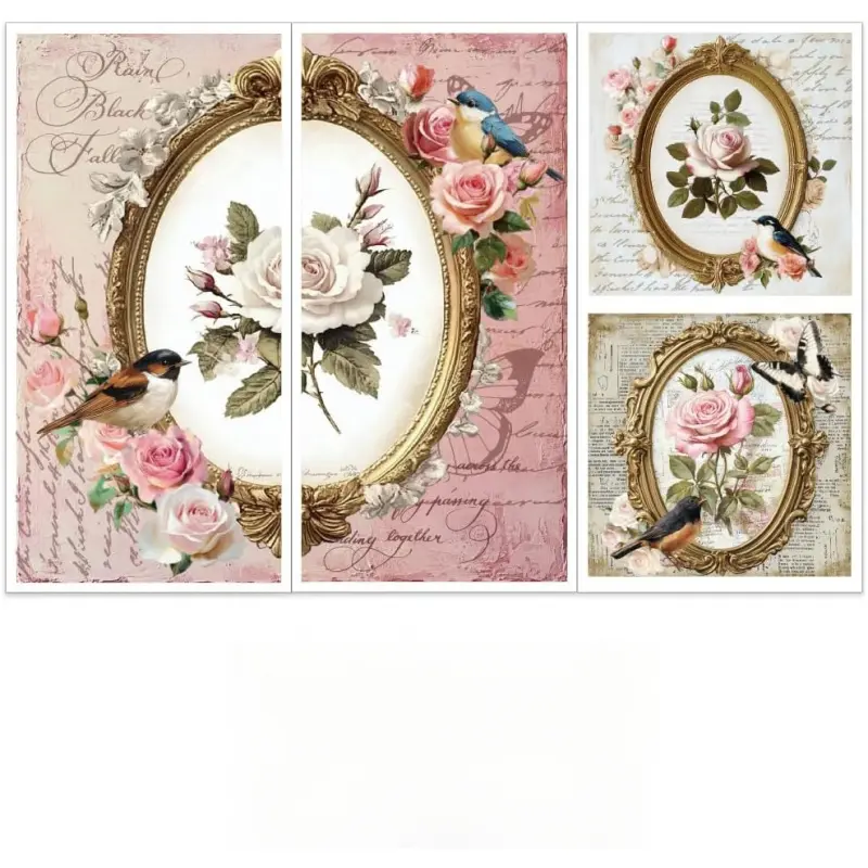 3pcs/Set Vintage Photo Frame Rub on Transfers for Furniture and Crafts 6x12 Inch Flowers Birds Furniture Decals Transfer Stickers Rub on Decal with 1pc Scraper for Furnitures Home Decoration