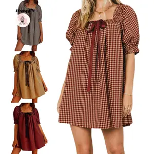 Women Plaid Summer Dress Loose Bow Square Neck Puff Sleeve Short Dress for Daily Travel Casual Polyester Casual Polyester Womenswear