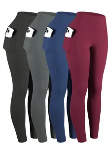 Women's High-Waisted Sporty Leggings, Breathable Stretchable Activewear Bottoms, Tight-Fitting Yoga Pants with Pockets, All-Season Fitness & Running Gear, Pack of 4